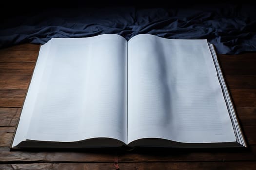An open book on a dark background on a wooden table.