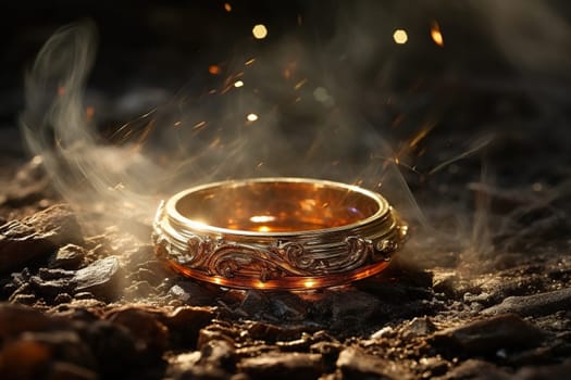 A golden ring with sparks and smoke lies on the ground. Beautiful mystical background.