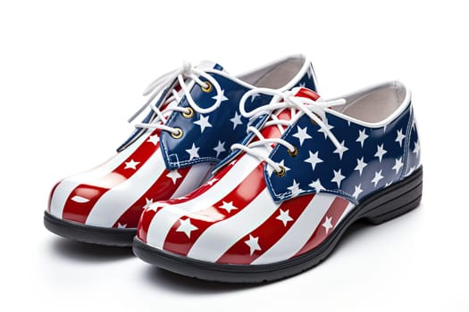 Lace-up boots in the colors of the US flag on a white background.