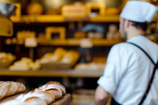 baker preparing bread in a traditional bakery . banner with copy space. generative ai.