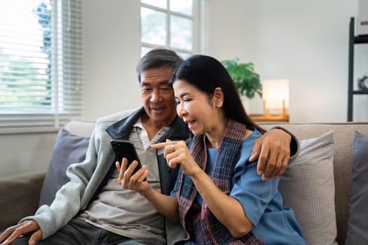 Retired elderly couple sits on couch drink tea and using mobile together and relax in their home. Senior Activity Concept.