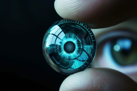 Iris recognition. Person holding contact lenses data visualization, information. AI generative.