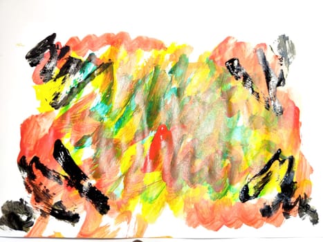 Background made of abstract painting with watercolor paints with water stains, waves and lines in yellow, green, red and black colors. Texture, pattern, frame, copy space and place for text