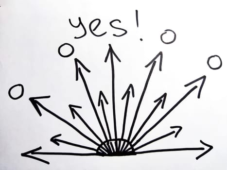 Hand drawn black marker arrows as fan of possibilities. The concept of business, choosing direction, moving forward. Abstract sign, background, texture. Blurred