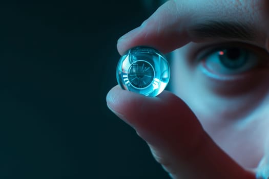 Iris recognition. Person holding contact lenses data visualization, information. AI generative.