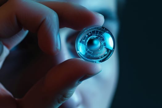 Iris recognition. Person holding contact lenses data visualization, information. AI generative.