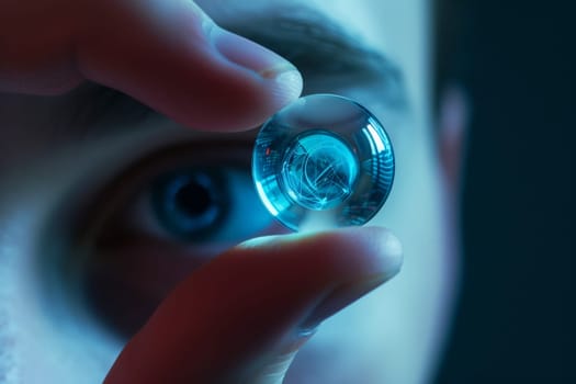 Iris recognition. Person holding contact lenses data visualization, information. AI generative.