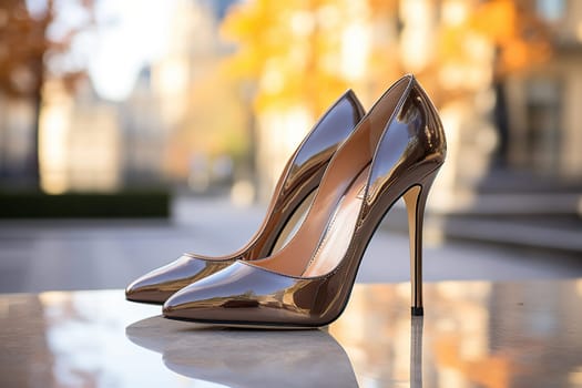 Beautiful elegant women's shoes made of black leather with high heels, standing on a mirror surface. Festive women's shoes. Side view.