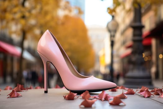 Pink women's high-heeled shoes a city bokeh background.