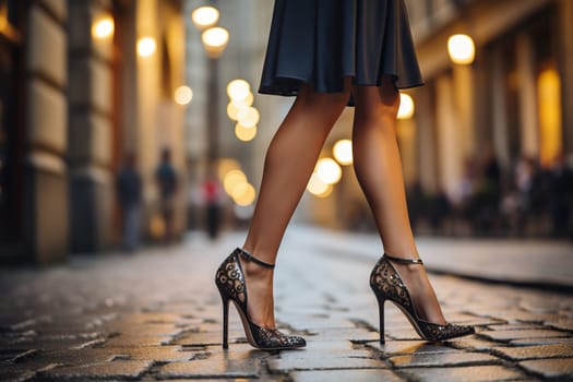 Slender female legs in high-heeled shoes on a evening street.