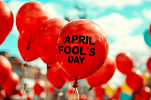 April Fool's Day. red balloon on background. AI generative.