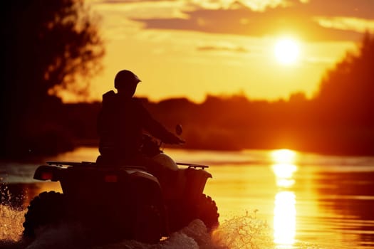 ATV run on river with view of sunset over the forest, with silhouetted background , generative ai.