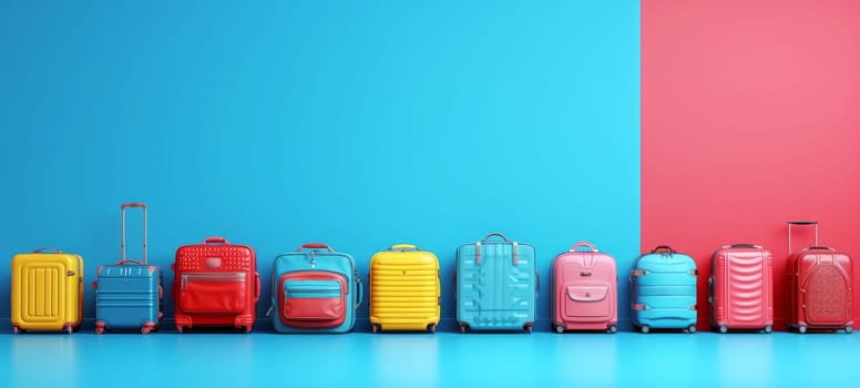 Blue, yellow and pink suitcases or travel bag in a row on a blue and pink background.