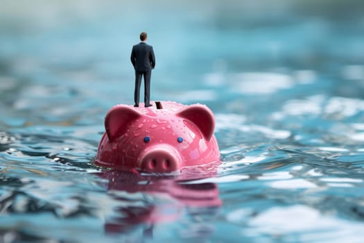 Piggy bank drowning in debt, business concept of bankruptcy and losing money. ai generative.