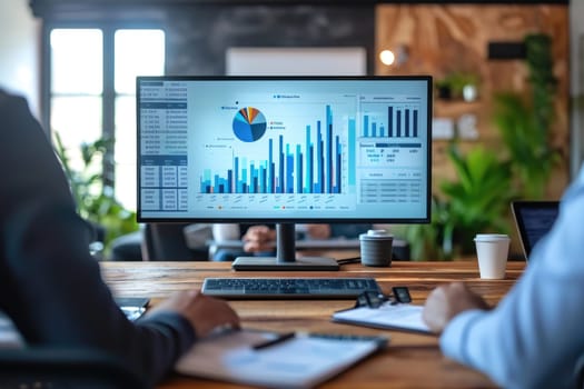 Business team collaboration discussing working analyzing with financial data and marketing growth report graph in team. generative ai.