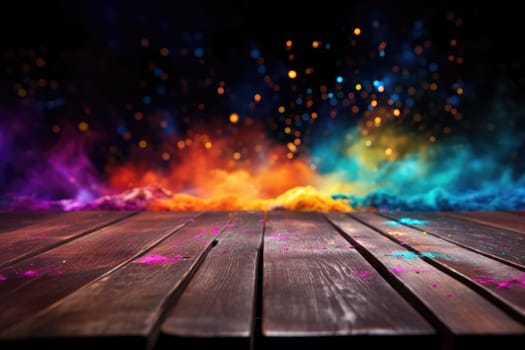 Colorful Holi powders on a top table with bokeh lights for mockup , AI generative.