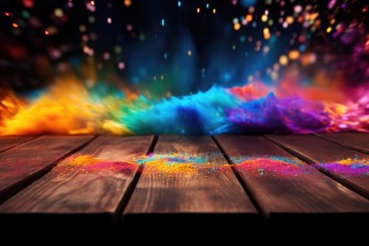 Colorful Holi powders on a top table with bokeh lights for mockup , AI generative.