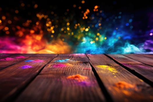 Colorful Holi powders on a top table with bokeh lights for mockup , AI generative.