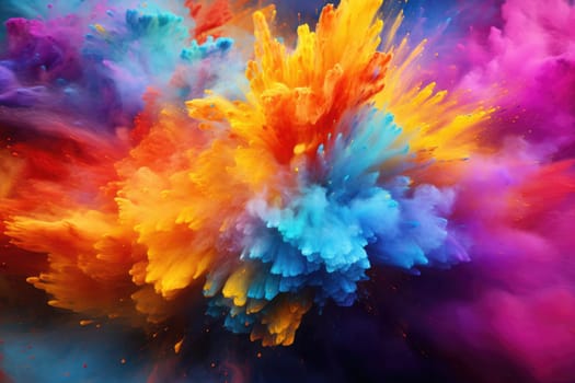 Holi festival, Colorful magic explosion on dark background. Generative ai.