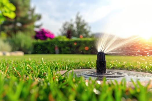 watering the lawn grass in the park water splashes against the backdrop of the sun Generative AI.