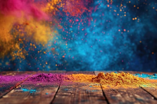 Colorful Holi powders on a top table with bokeh lights for mockup , AI generative.