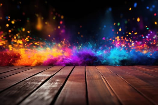 Colorful Holi powders on a top table with bokeh lights for mockup , AI generative.