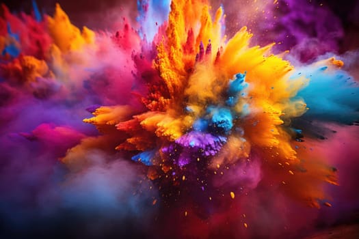 Holi festival, Colorful magic explosion on dark background. Generative ai.