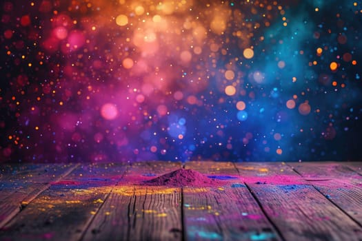 Colorful Holi powders on a top table with bokeh lights for mockup , AI generative.