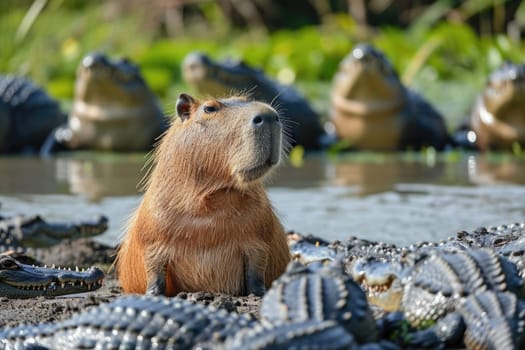a capybara among crocodiles in the river.AI generative.