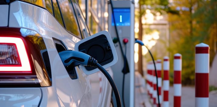 Electric Vehicle Charging Station Plugged into Car: Clean Energy for a Sustainable Future, Generative AI.