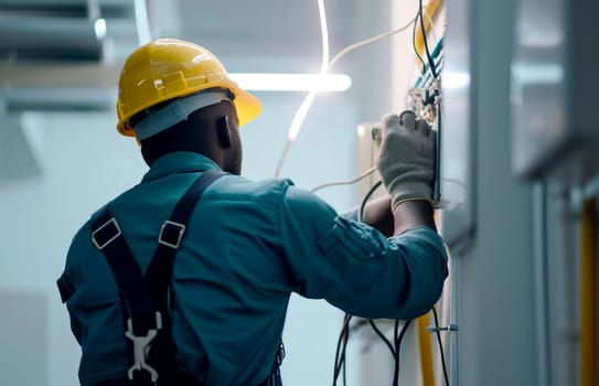 Electrician man worker installing lamp in a office room . Generative AI.