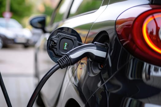 Electric Vehicle Charging Station Plugged into Car: Clean Energy for a Sustainable Future, Generative AI.
