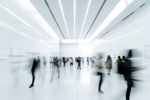 Fast moving crowd of people on a busy office with long exposure. Generative AI.