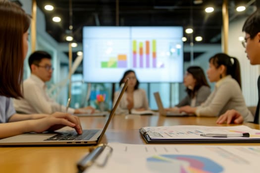 Business team collaboration discussing working analyzing with financial data and marketing growth report graph in team. generative ai.
