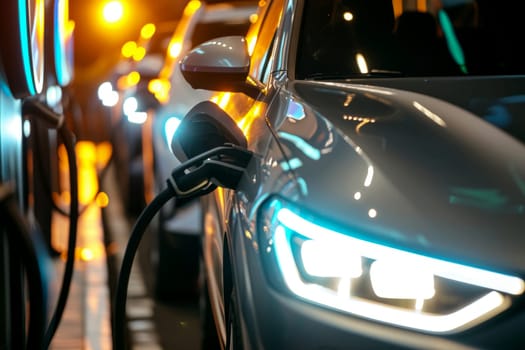 Electric Vehicle Charging Station Plugged into Car: Clean Energy for a Sustainable Future, Generative AI.