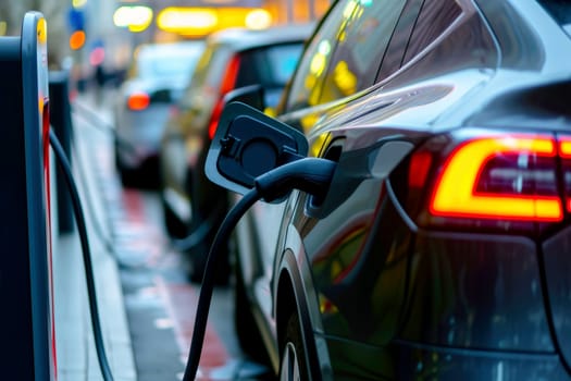 Electric Vehicle Charging Station Plugged into Car: Clean Energy for a Sustainable Future, Generative AI.