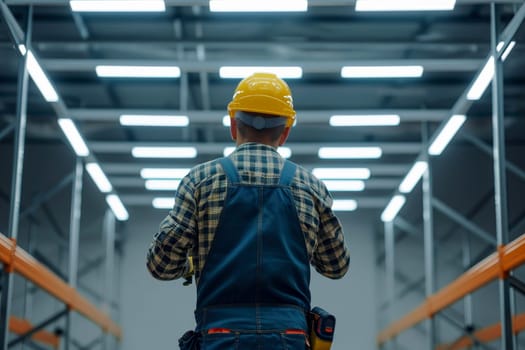 Electrician man worker installing lamp in a office room . Generative AI.