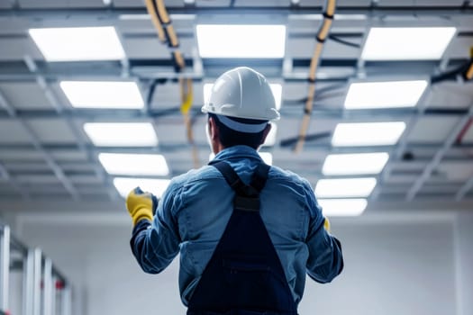 Electrician man worker installing lamp in a office room . Generative AI.