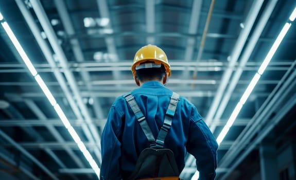 Electrician man worker installing lamp in a office room . Generative AI.