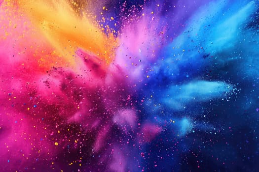 Holi festival, Colorful magic explosion on dark background. Generative ai.