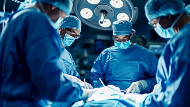 Photo of a male doctor performing surgery in an operating room. Generative AI.