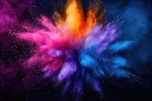 Holi festival, Colorful magic explosion on dark background. Generative ai.