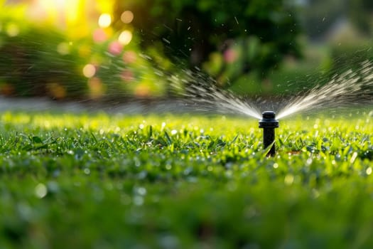 watering the lawn grass in the park water splashes against the backdrop of the sun Generative AI.