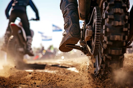 Motocross rider riding on dirt track closeup tyre Generative AI.