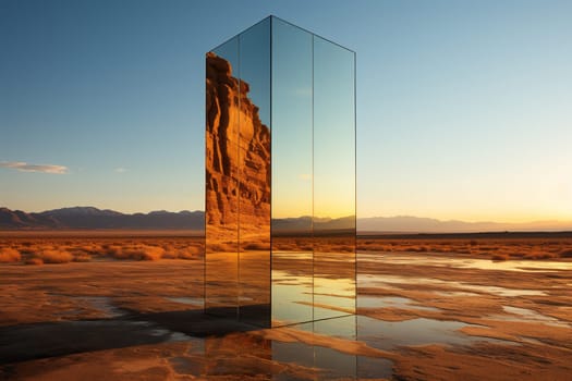 Large mirror in the desert with reflection.