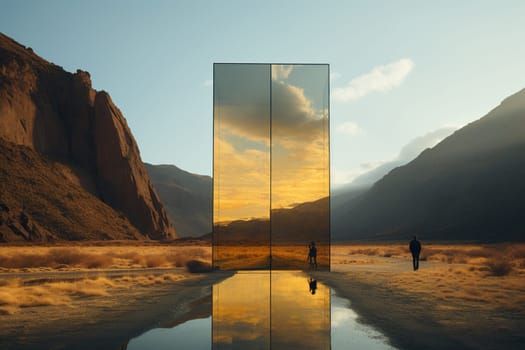 A huge mirror stands between the rocks.