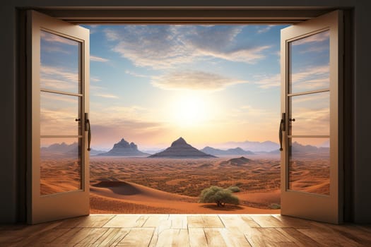 An open door leading to a beautiful sunny desert.