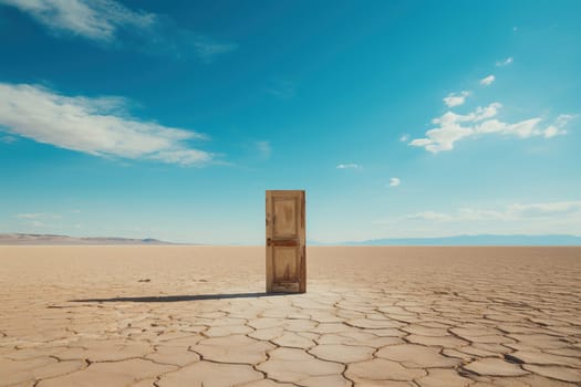 A closed, shabby old door in the middle of a dry desert.