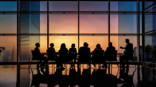 Silhouettes of group of business people against sunset comeliness