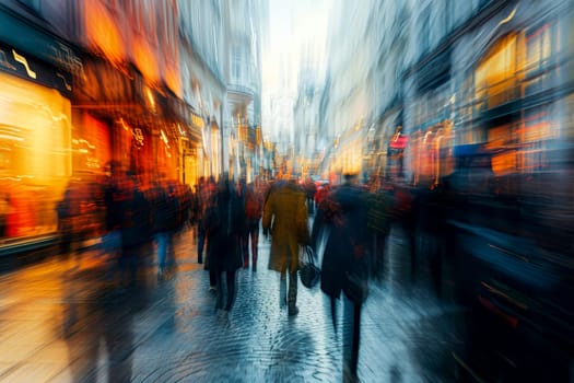 Fast moving crowd of people on a busy street with long exposure. Generative AI.